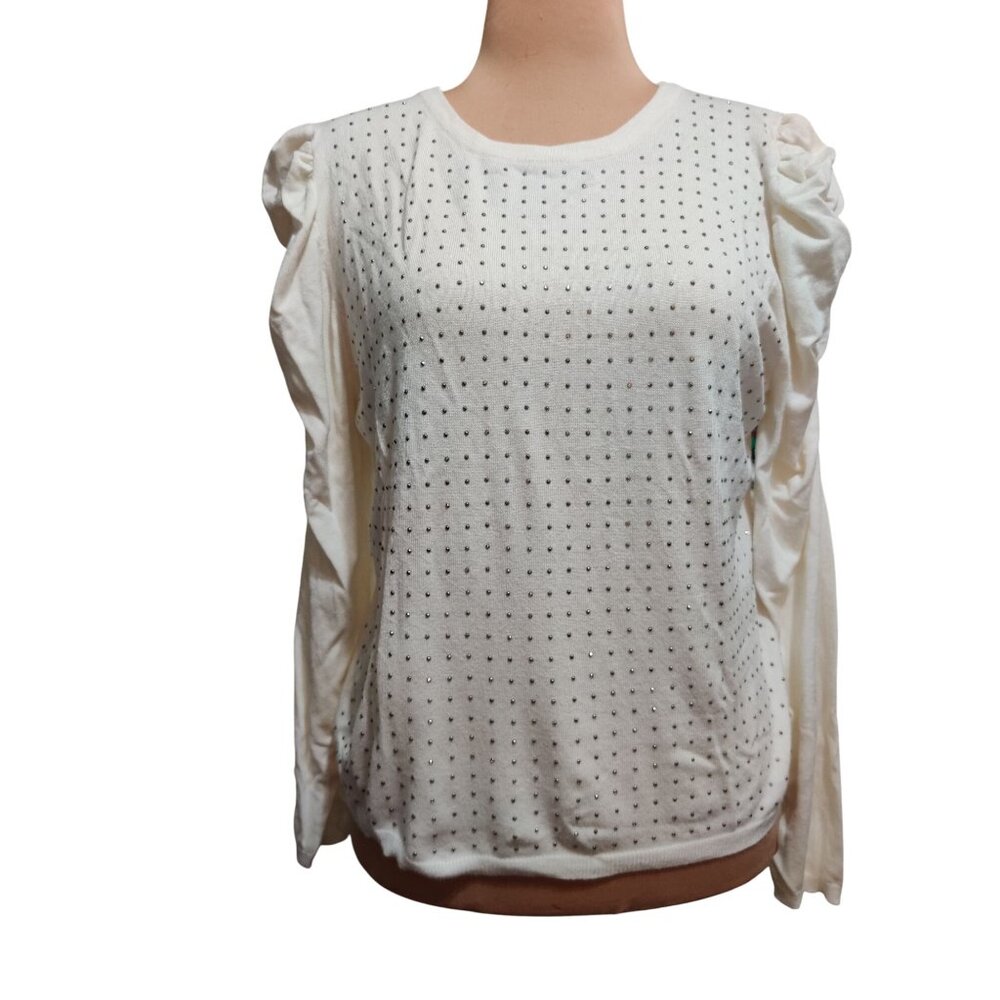 Joseph A L Womens Top Cream Long Sleeve Rhinestone Puff Shoulder Embellished